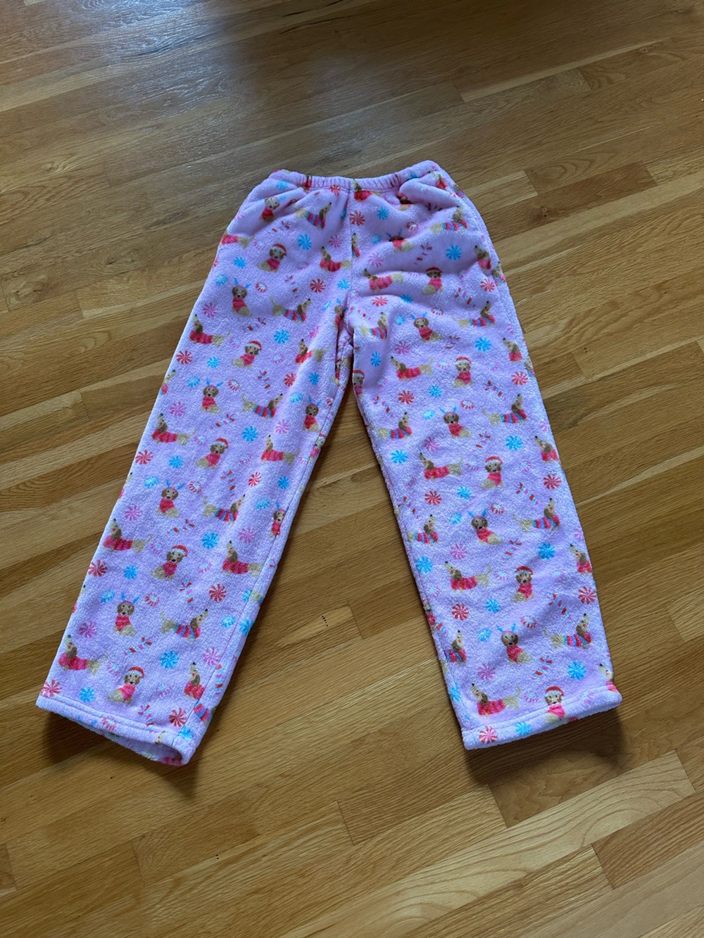 Pink Fleece Pajama Pants with Holiday candy and Puppy Print very thick and soft